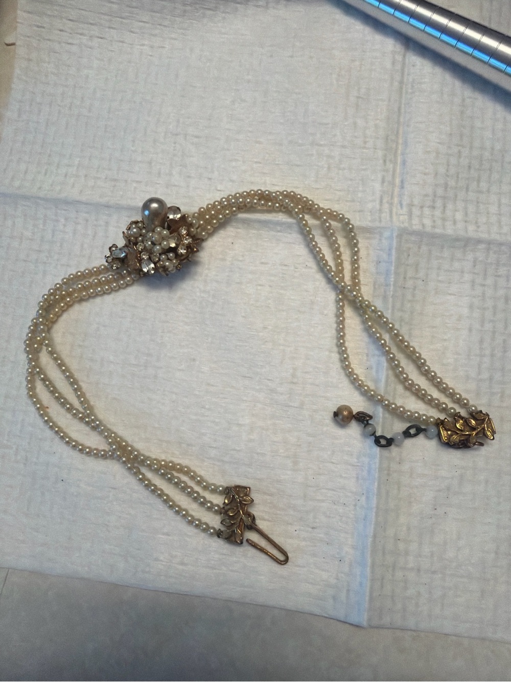Vintage Multi Strand Faux Pearl Rhinestone Statement Necklace Floral Gold Tone